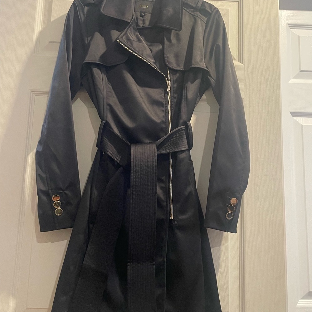 Guess Black Belted Women's Trench Coat, with Gold Zipper, buttons & detailing